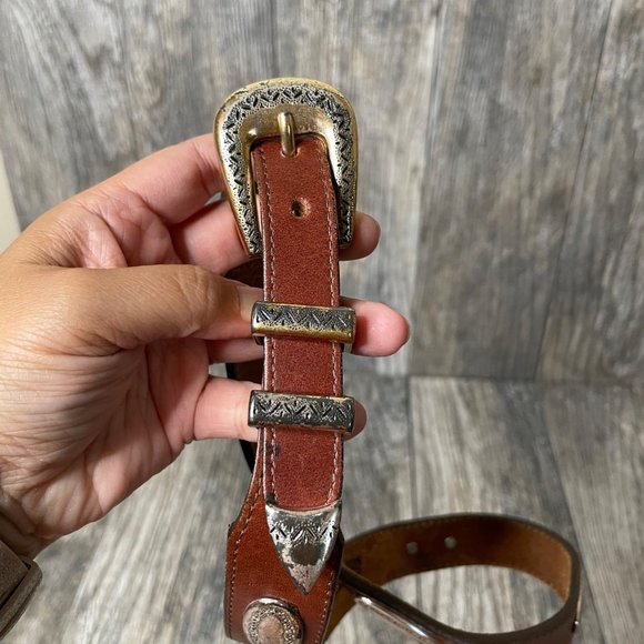 Vintage 90s Brighton Brown Leather Western Belt Silver Plated Buckle Size 32 - Picture 2 of 9